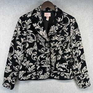 VTG Lovely Blazer Jacket Womens 12 Black White Baroque Damask Pattern 3-Button